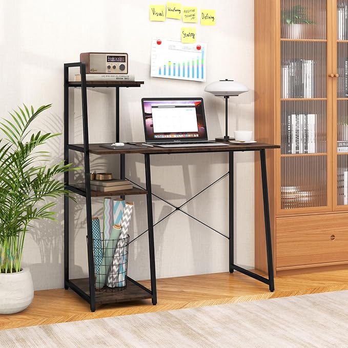 POWERSTONE 40 Computer Desk with 4-Tier Storage Shelves Home Office Corner Desk Writing Study Workstation Table for Small Space Brown