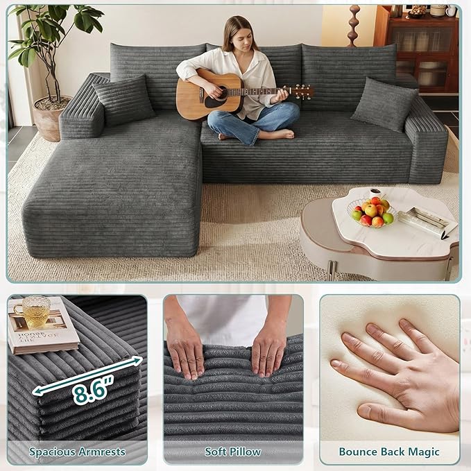 95 Modular Sectional Couch Boneless L Shaped Cloud Sofa with Chaise Lounge Corduroy Upholstered Couches Memory Foam Deep Seat No Assembly Required Ideal for Living Room(Dark Gray Left Facing)