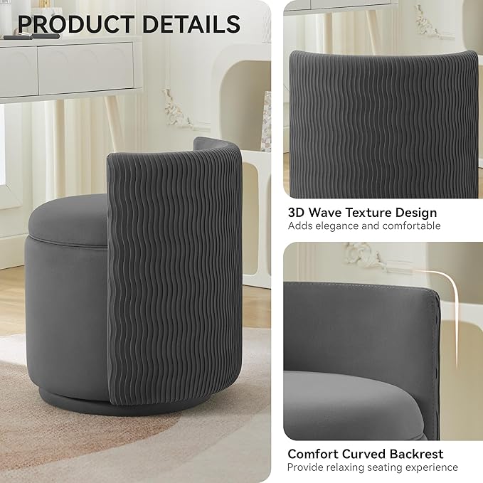 Velvet Vanity Chair with Storage 360° Swivel Makeup Chair with Wave Back No Assembly Small Accent Stool for Bedroom Dressing Living Room Grey