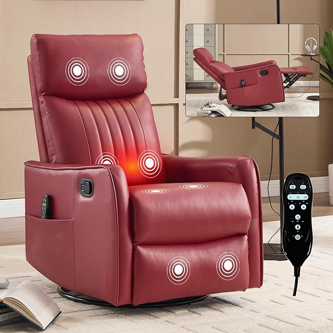 High Back Massage Recliner with Heat - Swivel Rocking Chair for Small Spaces Manual Lazy Boy Recliner for Adults Perfect for Living Room &amp Bedroom Soft Fabric (Red)