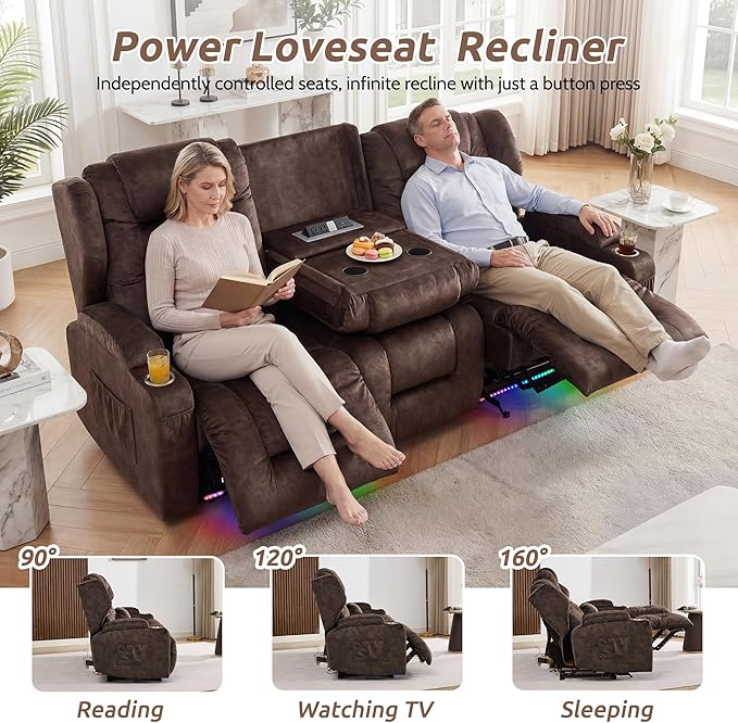 SAMERY Loveseat Recliner Sofa Power Reclining Loveseat Sofa Wall Hugger Recliners RV Couch with Flip-Backrest Solid Wood Top Ambient LED Lights USB-C Outlets Velvet Chestnut | Extra Wide Seat