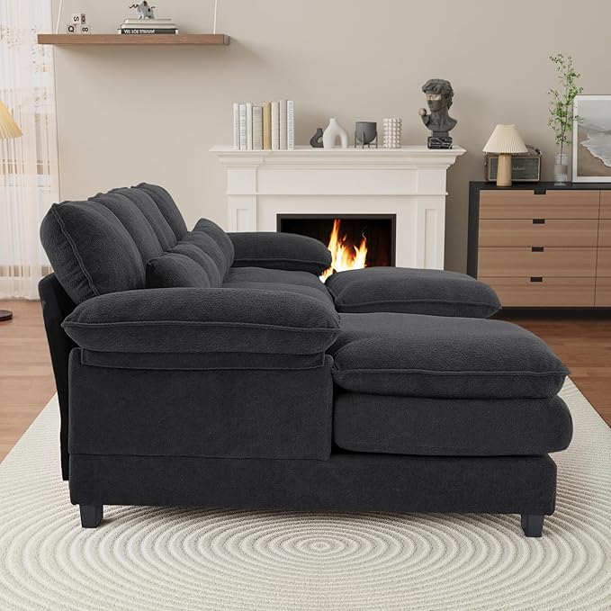 OUYESSIR 114 U Shape Sectional Cloud Couch with OttomanFluffy Sectional Couches for Living Room4 Seater Modular Sectionals SofaComfy Cloud Sofas &amp Couches with 4 PillowsDark Grey