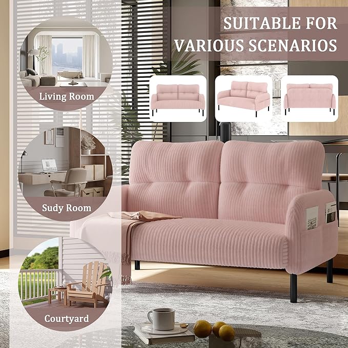 47'' Small Loveseat Sofa Comfy Corduroy Love Seat Couch for Small Spaces 2 Seater Sofa Office Couch with Solid Wood Legs for Living Room Bedroom Apartment (Pink)