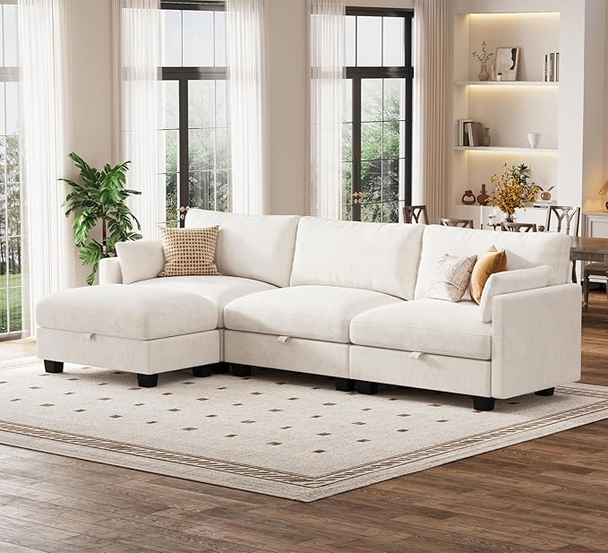 Modular Sectional U Shaped Sofa Couches for Living Room Cloud Couch with Storage Ottoman Comfy Chenille Sofa with Pillow Beige