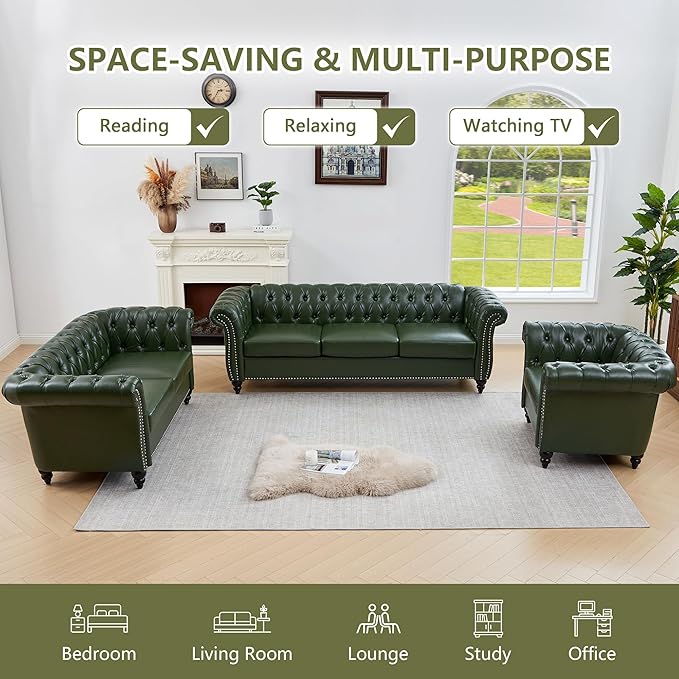 QHITTY Accent Chair Chesterfield Chair Modern Leather Upholstered Chair with Tufted Back for Living Room Furniture (Green)