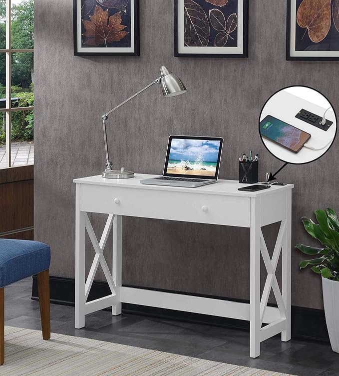 Convenience Concepts Oxford Desk with Charging Station 42 White