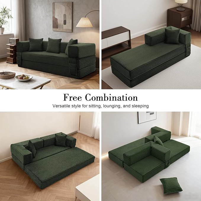 Sectional Boneless Couch Convertible Sofa Bed78'' Modular Sectional Sleeper Sofa with Removable Armrests &amp 3 PillowsSmall Floor Couch No Assembly Needed for Living Room Office BedroomLight Gr