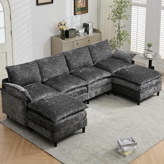 121 U Shaped Modular Sectional Sofa with Movable Ottomans Comfy Fluffy Cloud Chenille Grey Sectional Couches for Living Room Cloud Couch Sectional Sofa with Memory Foam &amp Double Cushion