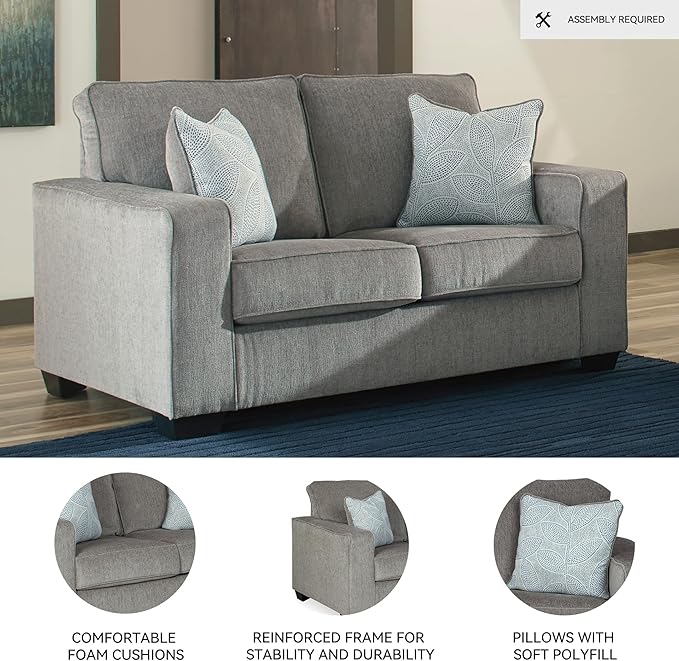 Signature Design by Ashley Altari Modern Loveseat with 2 Accent Pillows Light Gray