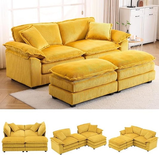 84.6” Corduroy Loveseat with Ottoman Oversized Double Chaise Lounge Chair Indoor Deep Seat Two Seater Couch Cloud Couch Modular Sectional Sofa for Living Room(Corduroy Yellow)