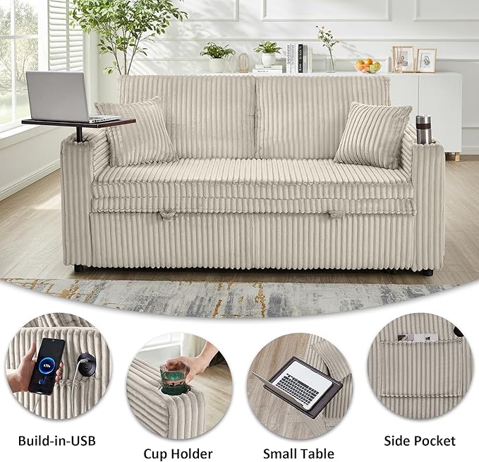 65in Sleeper Sofa Bed Convertible Pull Out Couch with Small Table| USB Port | Cup Holder | Corduroy Fabric | Adjustable Backrest for Apartment Office Bedroom Guest Room (LightGrey)