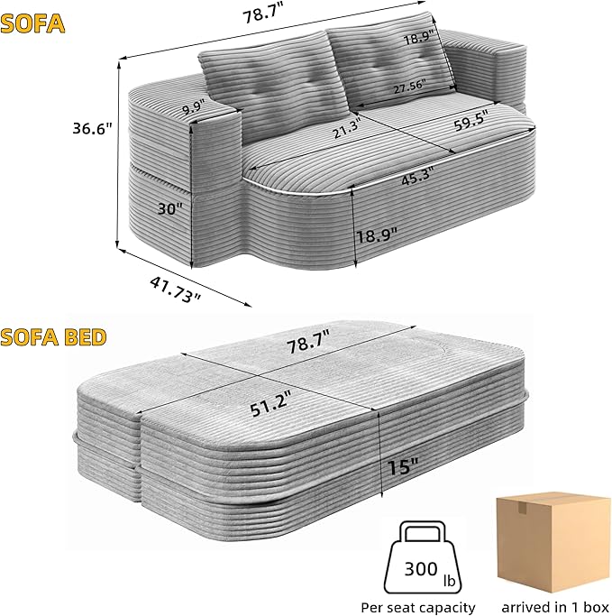 78.7 Folding Futon Corduroy Sleeper Sofa Bed Convertible Floor Boneless Sofa Full Size Compression Loveseat with 2 Pillows No Assembly 2-in-1 Foldable Couch for Living Room (Light Gray)
