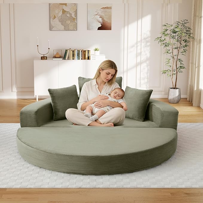 TTK 67” Oversized Round Sofa Bed 2 in 1 Convertible Circle Bed Folding Futon Lazy Floor Round Chaise Lounge Chair Comfy Corduroy Boneless Loveseat Couch for Living Room Apartment No Assembly (Green)
