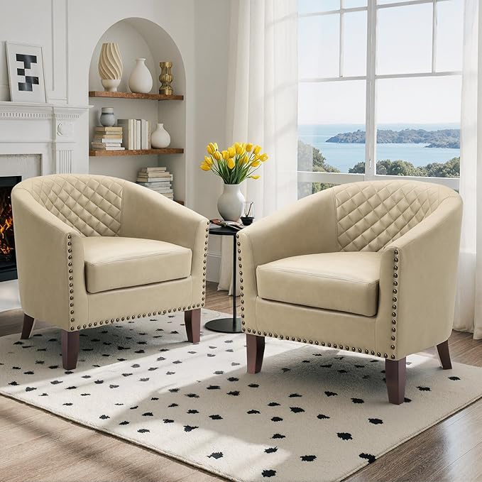 Faux Leather Accent Chairs Set of 2 Upholstered Barrel Club Chair for Living Room Comfy Round Armchair with Nailed Trim for Bedroom Office-Beige