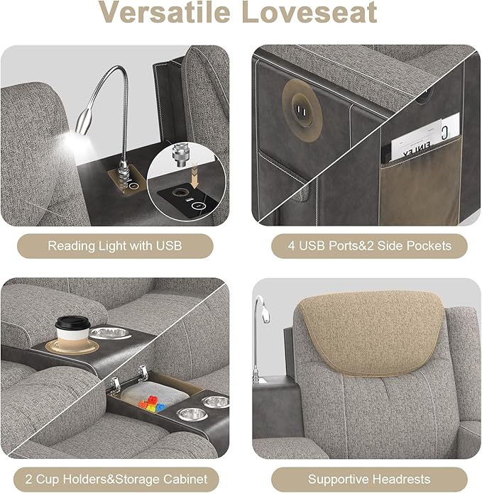 Recliner Sofa 2 - Way Multi - Function Manual 3 Seater Couch with Cup Holders Storage &amp USB Ports Modern Multifunctional Sofa Grey Linen &amp Leather Reclining Couch for Living Room