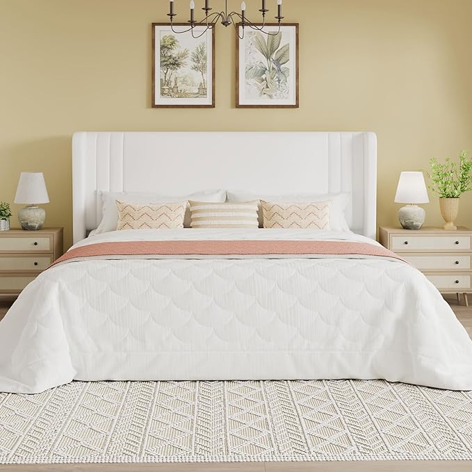 SHA CERLIN King Size Velvet Upholstered Platform Bed Frame with Vertical Channel Tufted Wingback Headboard Wooden Slats Support Easy Assembly Under Bed Storage No Box Spring Required White