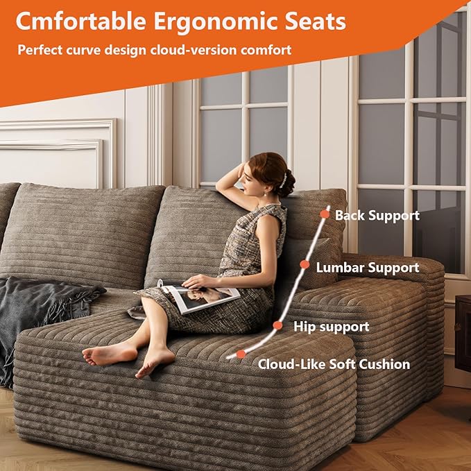 Boneless L-Shaped Modular Couch - 96 Inch Cloud Corduroy Sectional SofaDeep Seating Comfort No Assembly Ideal for Apartments &amp Small Living RoomsCamelRight Facing