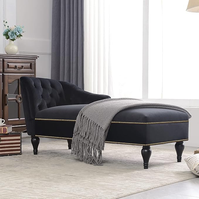 58'' Chaise LoungeButton Tufted Right Arm Facing Lounge Chair with Nailhead Trim &amp Solid Wood Legs for Living Room or OfficeSleeper Lounge Sofa