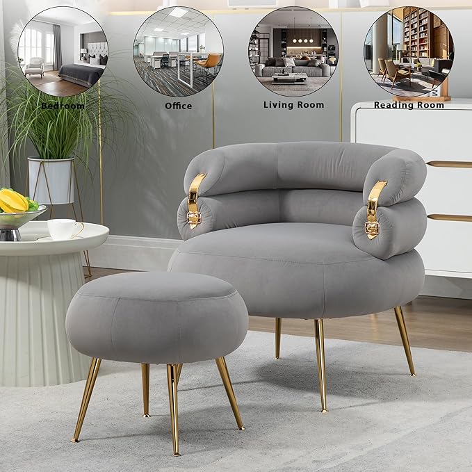 Velvet Accent Chair with OttomanModern Upholstered Armchair Tufted Chair with FootstoolSingle Sofa Chair with Golden Metal Legsfor Living Room (Gray-Chair and Ottoman)