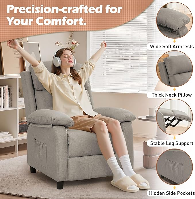 Recliner Chair Living Room Chairs for Adults Padded Deep Seat Reading Chair with Side Pockets Small Recliners for Small Spaces Lounge Chair for Living Room Bedroom and RV (Linen)
