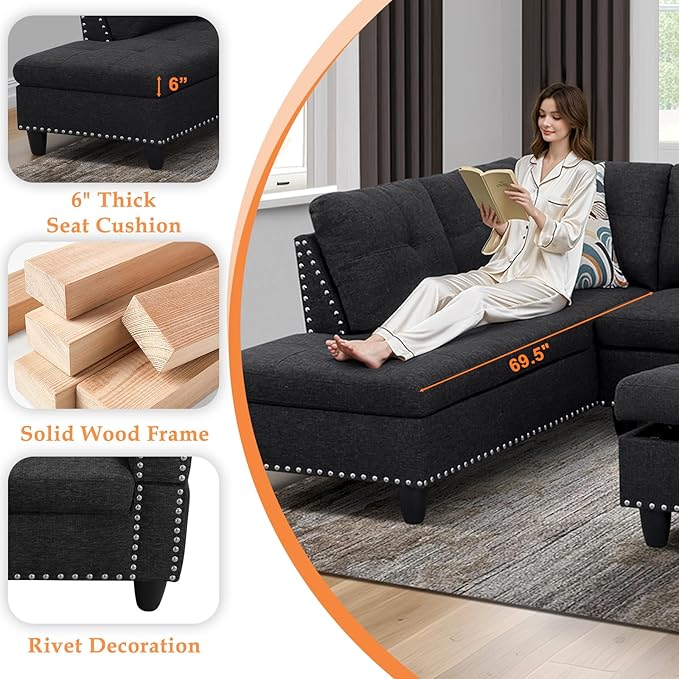 Wakefit Sectional Sofa Couch Modern 4-Seaters Living Room Furniture Sets with Chaise Lounge Ottoman &amp 2 Pillows | L Shape Couch | Cup Holder | Linen Fabric Charcoal Gray