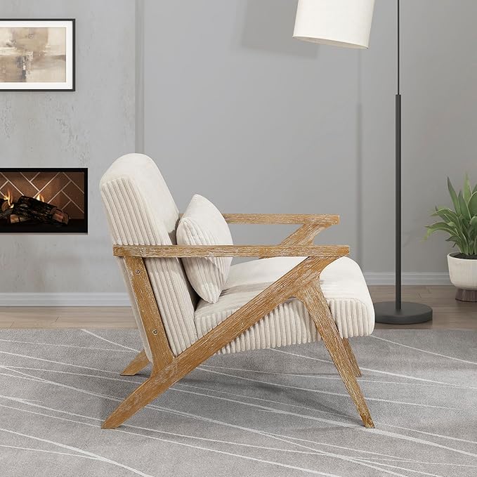 Lexicon Mid Century Modern Accent-Chair with Lumbar Pillow Brown Solid Wood Frame Comfy Corduroy Upholstered Lounge Arm Chair for Living Room/Bedroom/Office/Reading Nook Assembly Required Beige