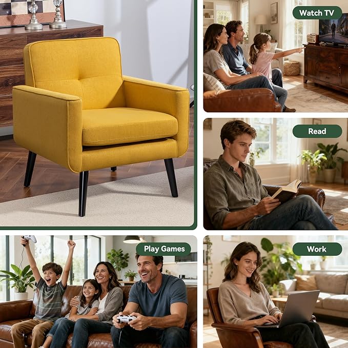 Accent Chair Set of 2 Fabric Modern Chair with Wooden Frame Cozy Armchair Reading Chair with Comfy Back for Apartment Living Room Bedroom Waiting Room Small Space Corner Yellow