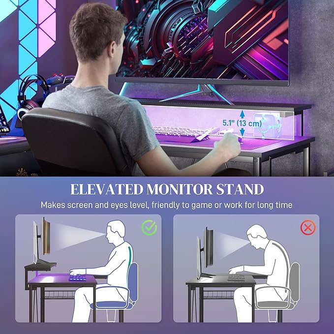 42 L Shaped Desk with LED Lights Power Outlet USB Charging Ports Reversible L Shaped Computer Desk with Storage Shelves Monitor Stand Corner Gaming Desk for Home Office Black
