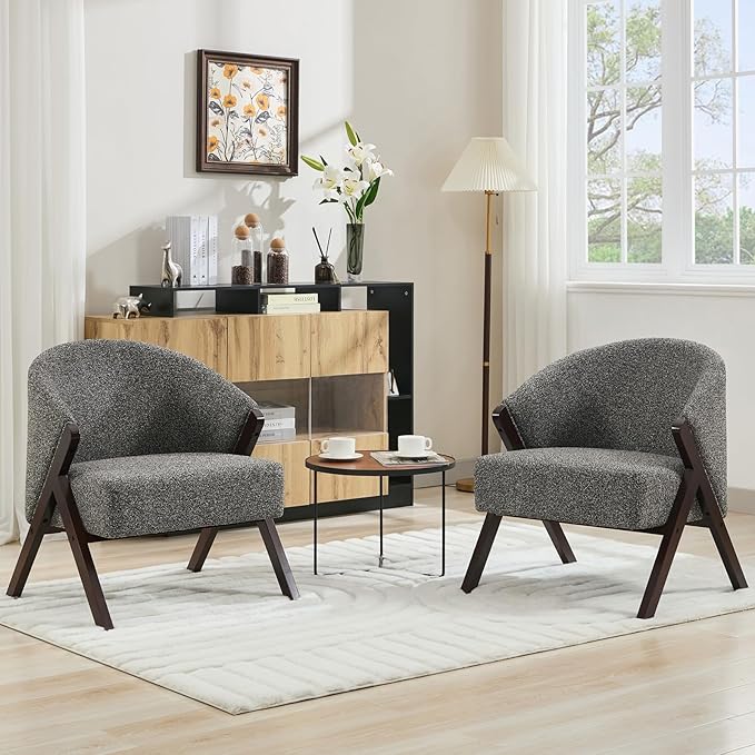 TrailBlaze Comfortable Mid-Century Modern Accent Chair for Living Room – Upholstered Reading Armchair with Sturdy Wood Frame Linen Fabric Easy Assembly – Deep Walnut Foot | Linen | Gray