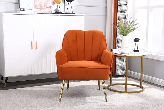 Modern Mid Century Chair Velvet Sherpa Armchair for Living Room Bedroom Office Easy Assemble(Orange)