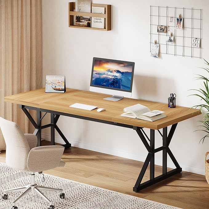 Tribesigns 70.86-Inch Large Executive Desk Industrial Home Office Computer Desk Simple Long Writing Study Table Business Furniture (Light Walnut/Black)
