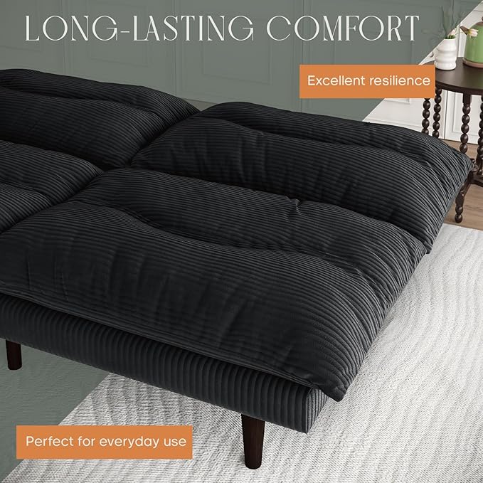 Futon Sofa Bed 69 inch Futon Couch with Adjustable Backrest Corduroy Convertible Sleeper Sofa Bed Folding Sleeper Recliner for Apartment Living Room Office Black