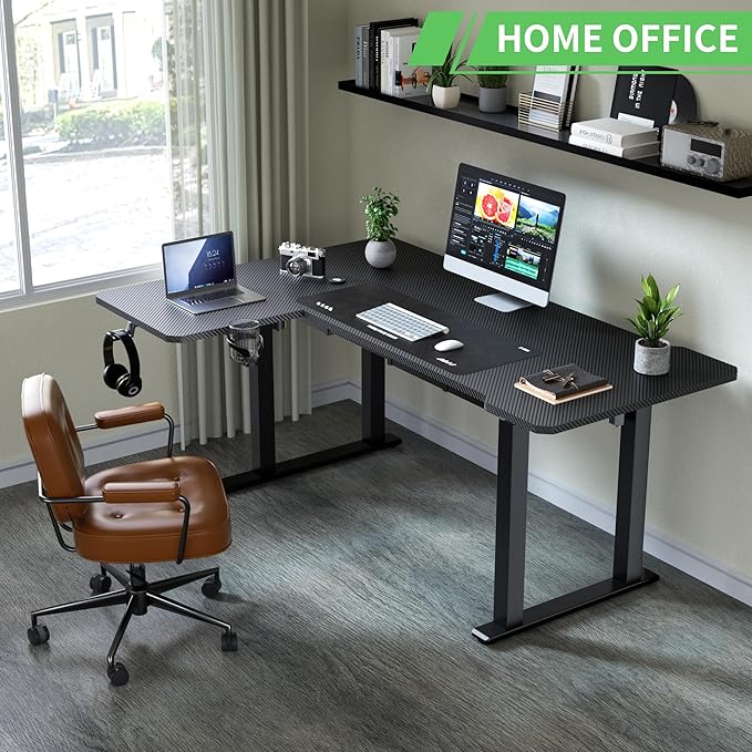 X-Win 63 Inches L-Shaped Electric Standing Desk Dual Motor Height Adjustable Stand Up Corner Desk Sit to Stand Workstation Carbon Fiber Top