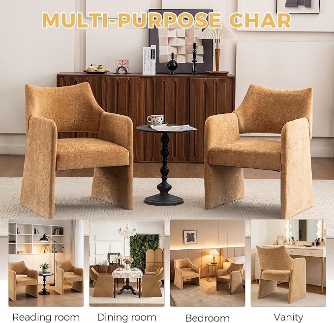 Mid-Century Chenille Accent Chair Geometric Open-Back Upholstered Armchair with Non-Slip Frame Cozy Reading Chair for Home &amp Office (Light Brown)