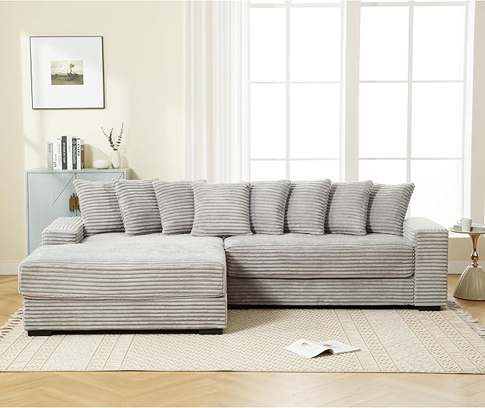 111'' Modern Sectional Sofa L-Shaped Corduroy Couch with Left Chaise Daybed Extra-Wide Oversized Lounge 8 Pillows Corner Sofa Set for Living Room Apartment Office Hotel Bedroom Grey