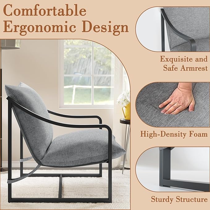 Grey Sling Accent Chair Metal FrameSling Outdoor Chairs with Metal Frame and SOFE Cushion for Garden Patio Living Room &amp Bedroom Easy Assembly-Grey