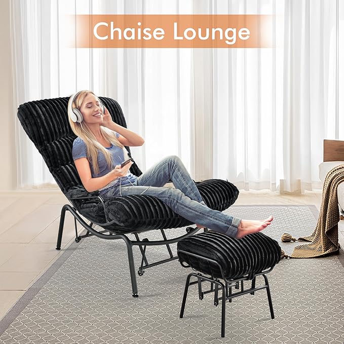 HOOOWOOO MCM Living Room Rocking Accent Chair with Ottoman SetOffice Lazy Lounge Glider Chair and Ottoman SetComfy Chair for Living Room Bedroom Office(Fur Corduroy Black)