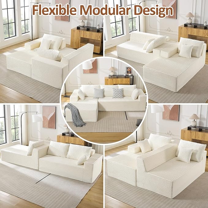 110 Boneless Sectional Couch with Chaise Lounge Cloud Couch Compressed Sofa L Shape No Assembly Memory Foam Sofa for Living Room White Corduroy