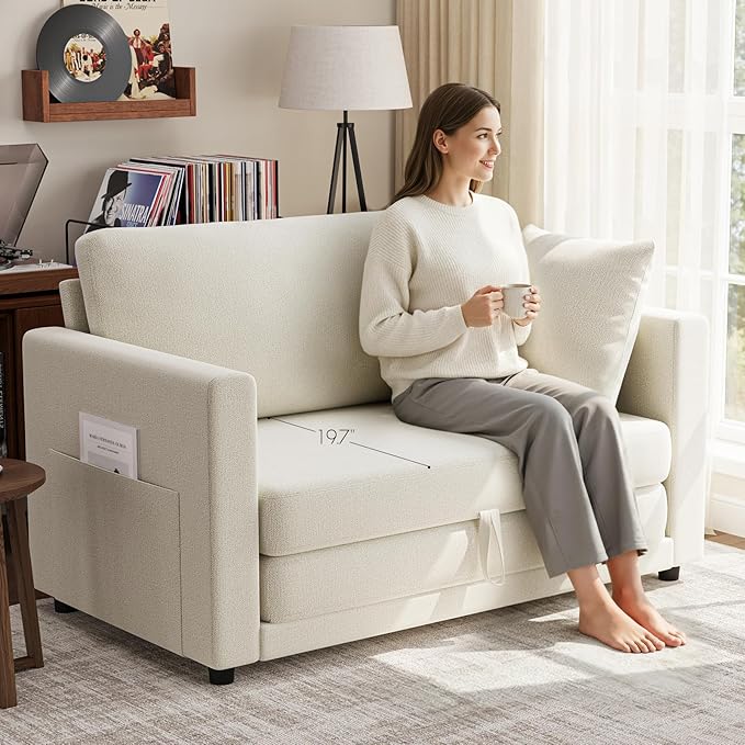 Convertible Sofa Bed 2 in 1 Pull Out Loveseat Sleeper Sofa | 78.7” Folding Floor Sofa Bed for Guest Room Bedroom | Ivory White