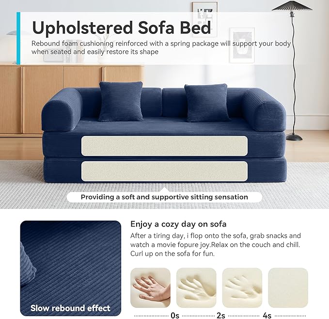 Convertible Sofa Bed with Corduroy PillowComfy Floor Sofa Bed Compressed Sofa in Box Convertible Sofa Bed for Living Room Bedroom Lounge Studio Comfy High Density Foam Mattress(Navy Blue)