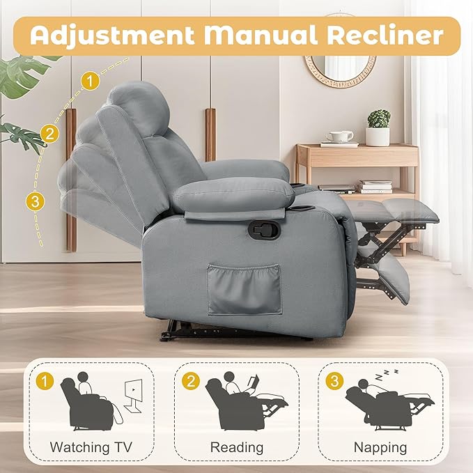 Recliner Chair Small Recliners for Small Spaces Reclining Chair Manual Recliner with Cup Holders and Side Pockets Chairs for Living Room Bedroom Nursery
