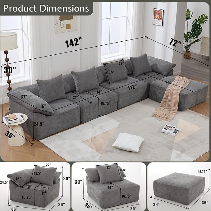 142 L Shaped Chenille Sectional Sofa Oversized Fluffy Cloud Couch with Memory Foam 5 Seater Modular Sleeper Sofa with Ottoman for Living Room No Assembly Gray