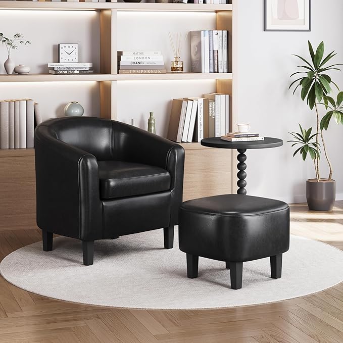 Yaheetech Accent Chair with Ottoman Set Modern Faux Leather Upholstered Soft Barrel Chair and Footrest Club Armchair and Footstool for Living Room/Bedroom/Reading Room/Guest Room Black