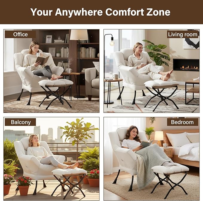Welnow Lazy Chair with Ottoman Modern Reading Accent Chair with Armrests and a Side Pocket Leisure Upholstered Lazy Sofa Set with Footrest for Small Space Beige