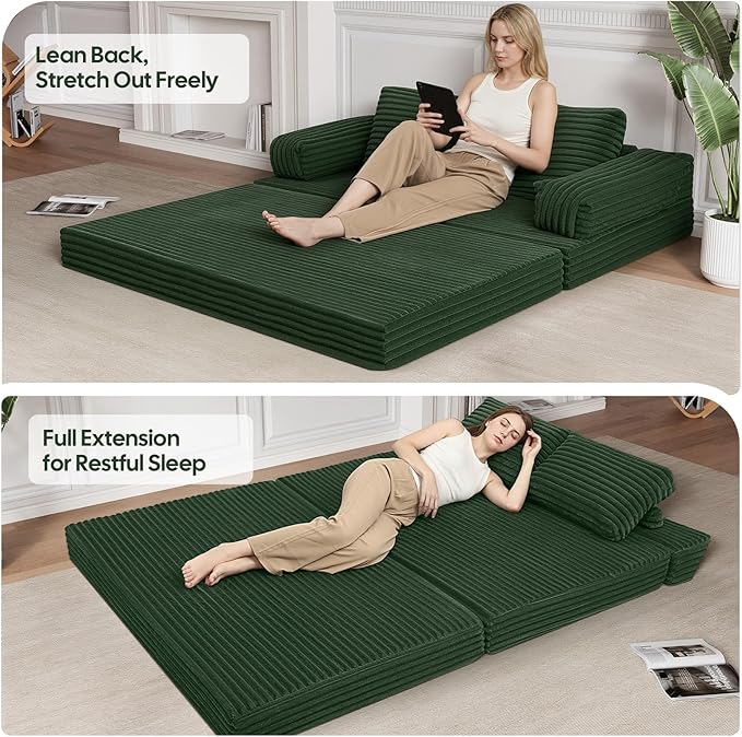 MeMoreCool Convertible Sofa Bed Folding Floor Couch Bed Queen Pull Out Sleeper Couch with Pillows Fold Out Futon Sofa for Bedroom Living Room Small Space Corduroy Beige