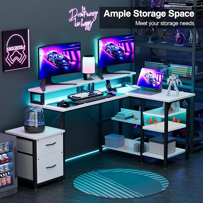 YOUNGAR Office Desk L Shape with File Drawers&ampPower Outlet 69.3 Inch Reversible L Shaped Computer DesksCorner L Shape or Long Desk Set up Monitor Stand &ampStorage ShelvesLED Lights&ampCPU S