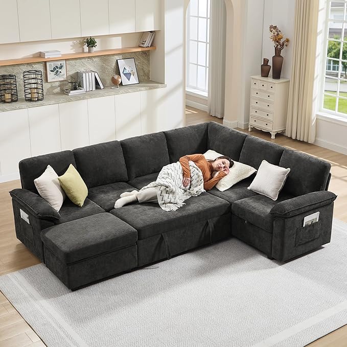 VanAcc 105 Sofa Bed Sectional Sleeper Sofa with Pull Out Bed/Reclining Backrest Sleeper Couch Bed with Storage 6 Seater Couch Bed for Living Room Chenille Dark Gray