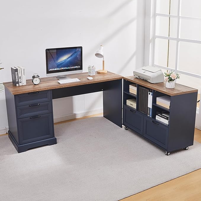 60 L-Shaped Executive Desk with 40 File CabinetFarmhouse Home Office Desk with Charging StationWood Computer Desk Set for Office WorkHome Study (Blue)