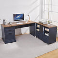 60 L-Shaped Executive Desk with 40 File CabinetFarmhouse Home Office Desk with Charging StationWood Computer Desk Set for Office WorkHome Study (Blue)