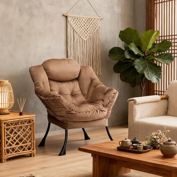 HollyHOME Lazy Chair with Armrest and Side Pocket Comfy Accent Lounge ChairLeisure Sofa Armchair for Living Room Bedroom Dorm or Small Spaces Oversized Reading Sofa ChairVelvet Taupe Brown